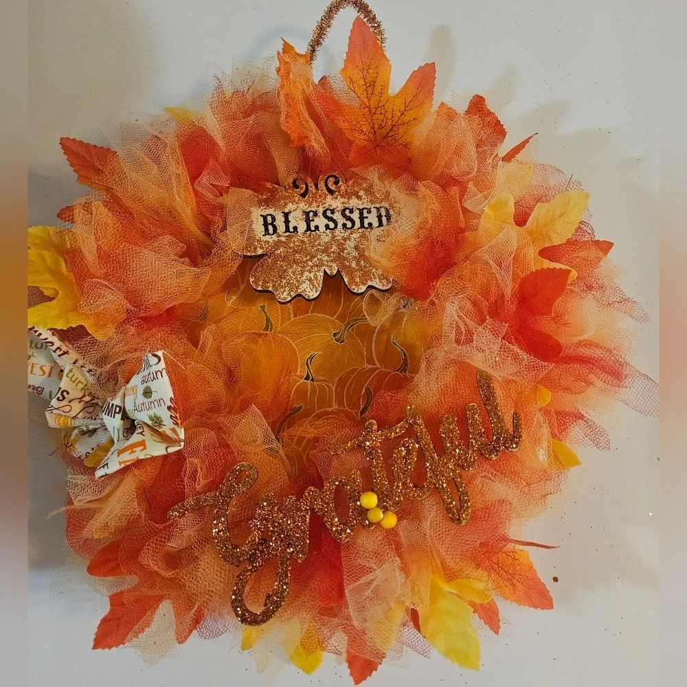 Handmade Fall Holiday Wreath Blessed Grateful Autumn Decor